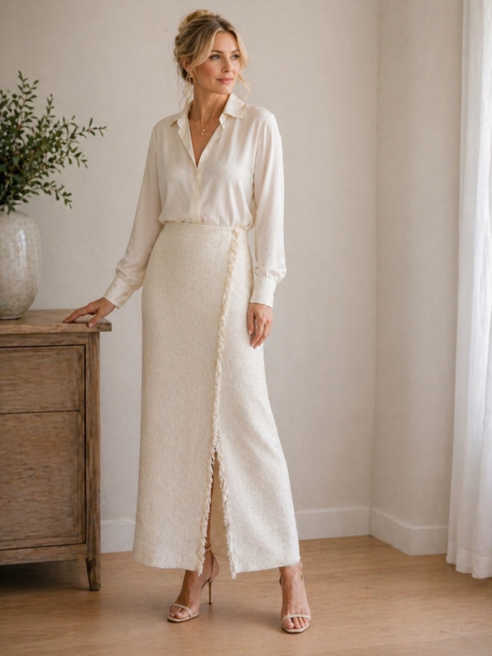 Ellen Tracy Silk Wool Maxi Skirt Ivory Fringe Wrap Bouclé Size 4